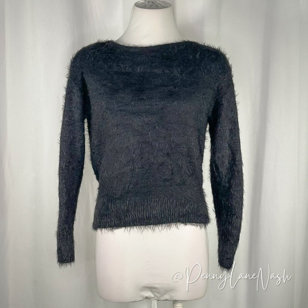 American Eagle Fuzzy Eyelash Back Surplice Sweater XS Black - Picture 2 of 11